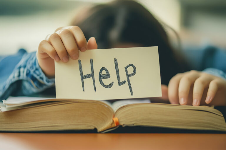 Student holds HELP sign over book at desk.