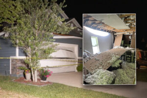 Home with blown out garage and inset of damaged interior.