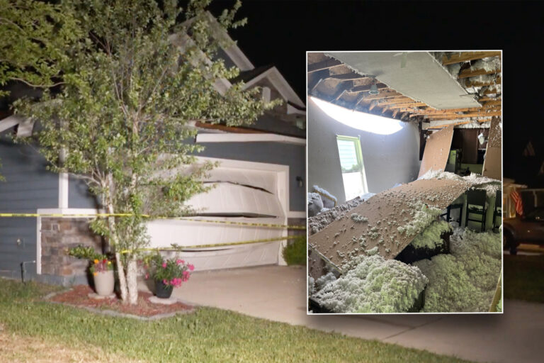 Home with blown out garage and inset of damaged interior.