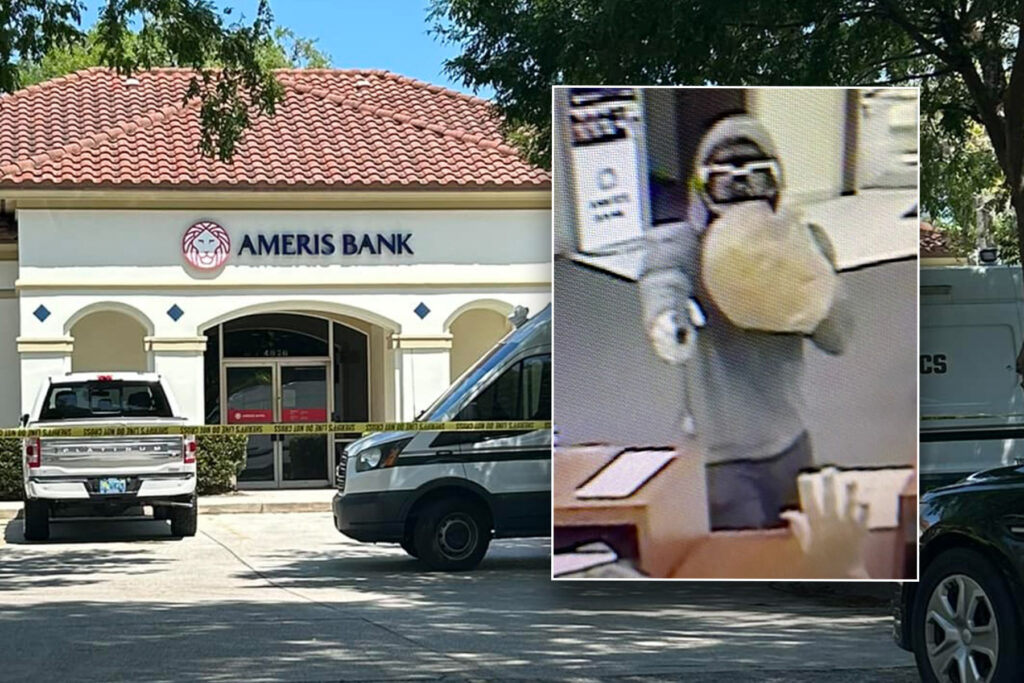 Inset of bank robbery over red tiled building.