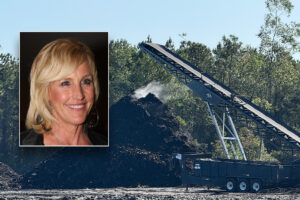 Woman with short hair inset over a large pile of dirt with steaming coming off of it.