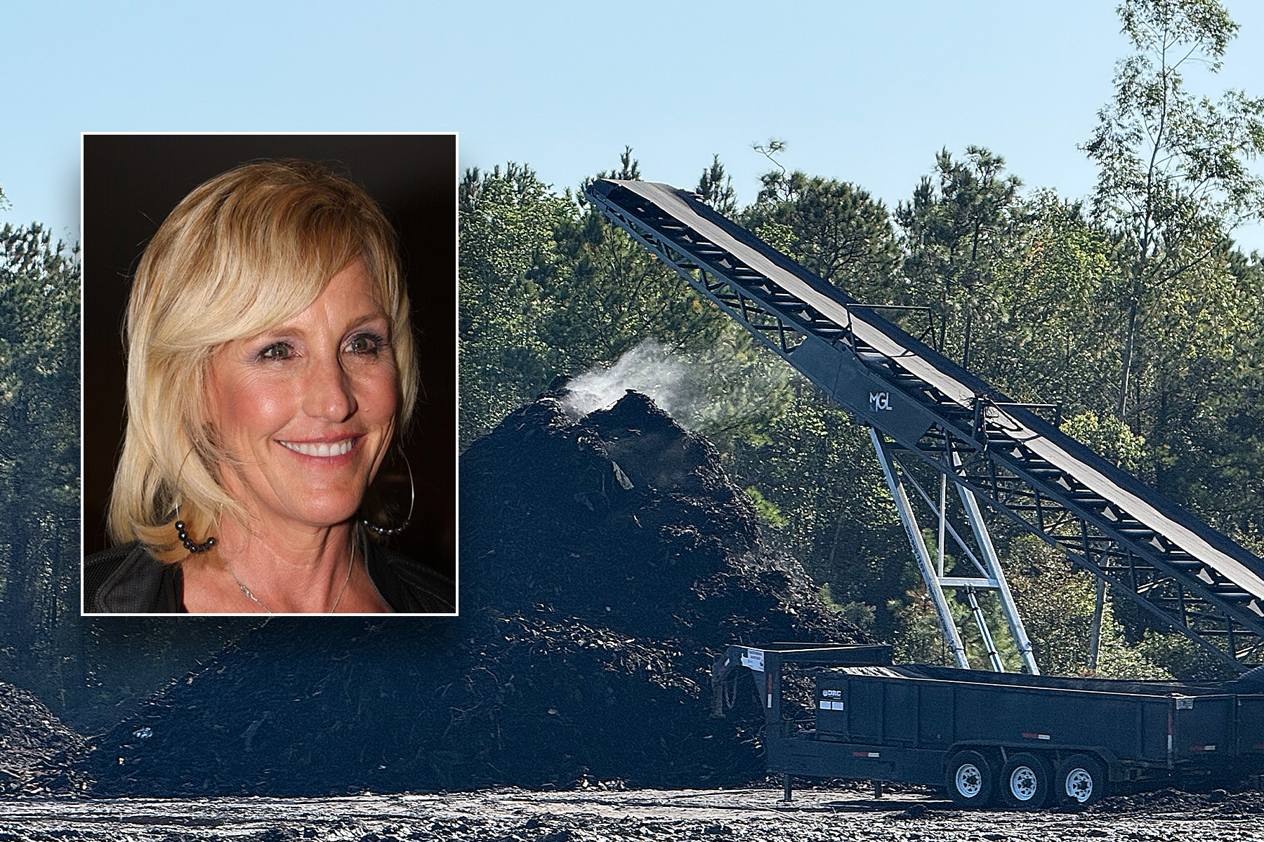 Woman with short hair inset over a large pile of dirt with steaming coming off of it.