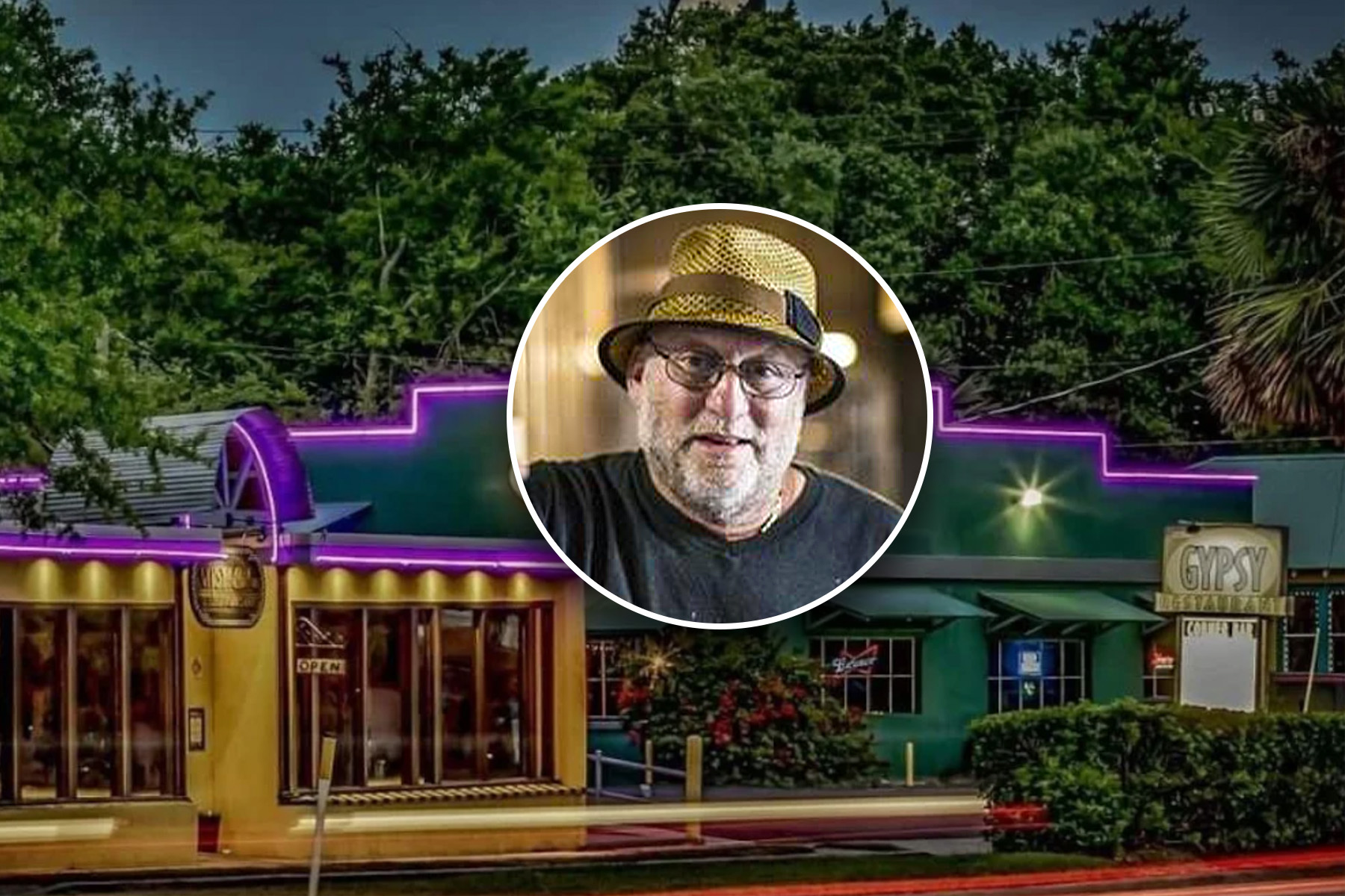 Man in a beige hat in front of Gypsy Cab Co. in St. Augustine.
