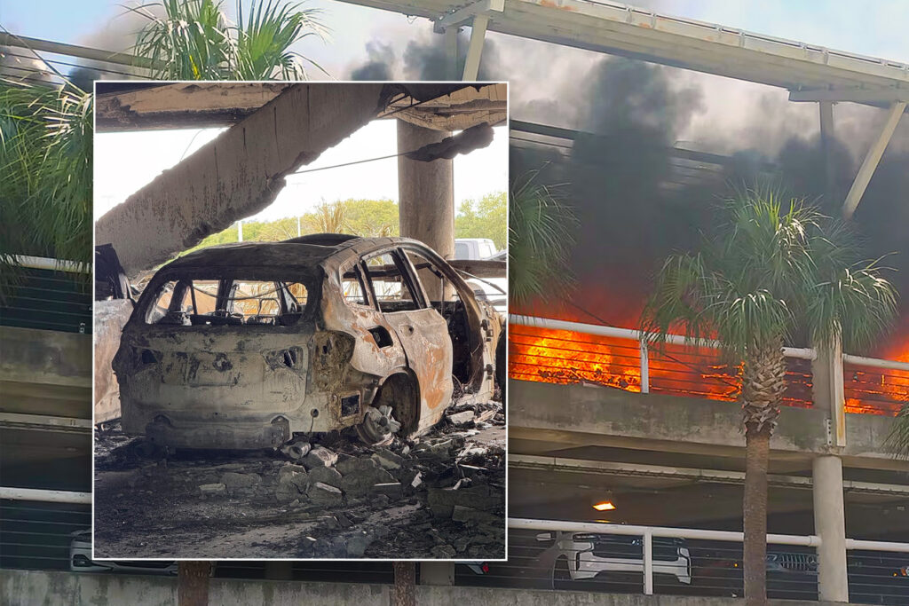 Charred car in Jacksonville International Airport parking garage inset over fire on second floor.