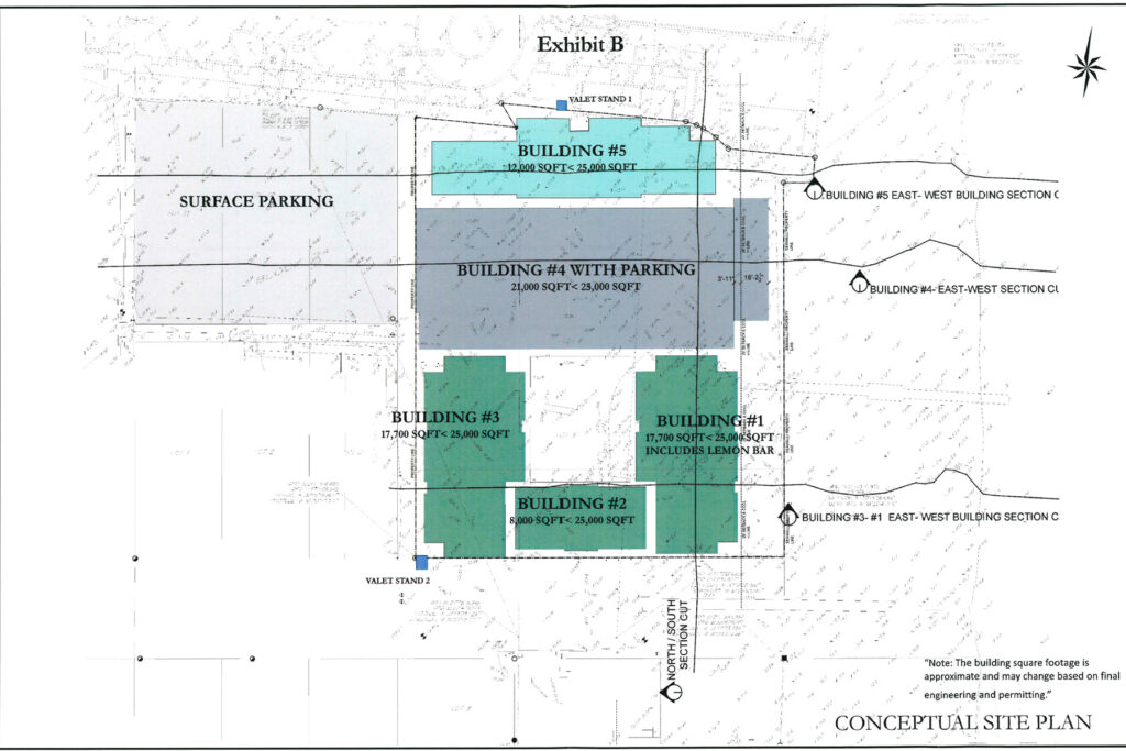 A conceptual site plan that shows where the proposed buildings will be built.