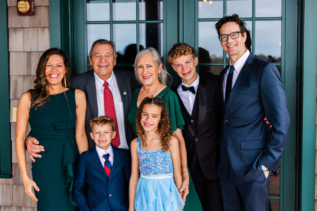 Family portrait in formal wear.