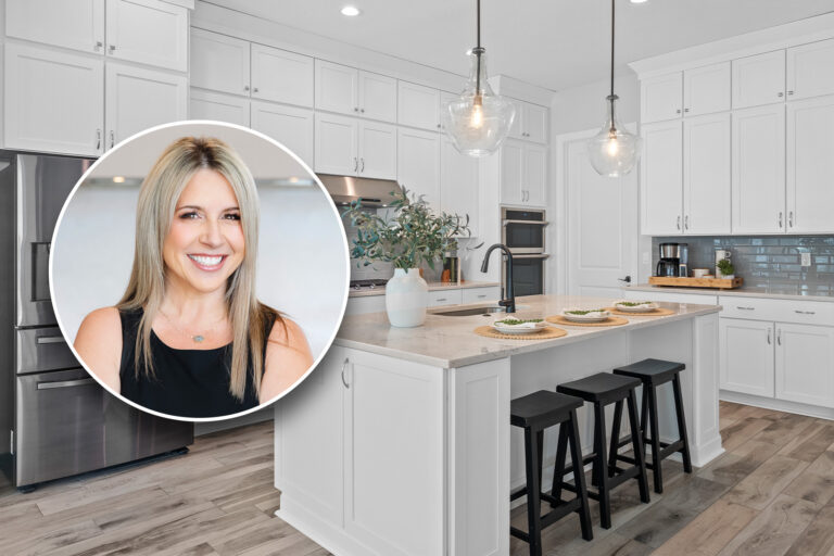 Woman in black shirt inset over a white kitchen.