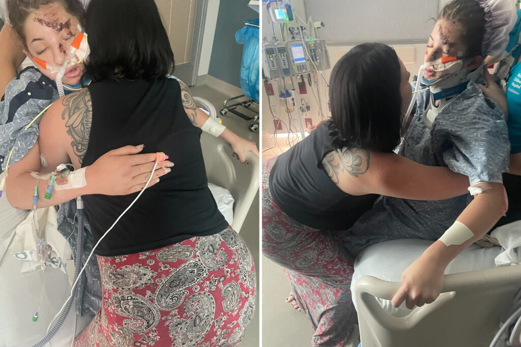 Woman hugs daughter in hospital bed.