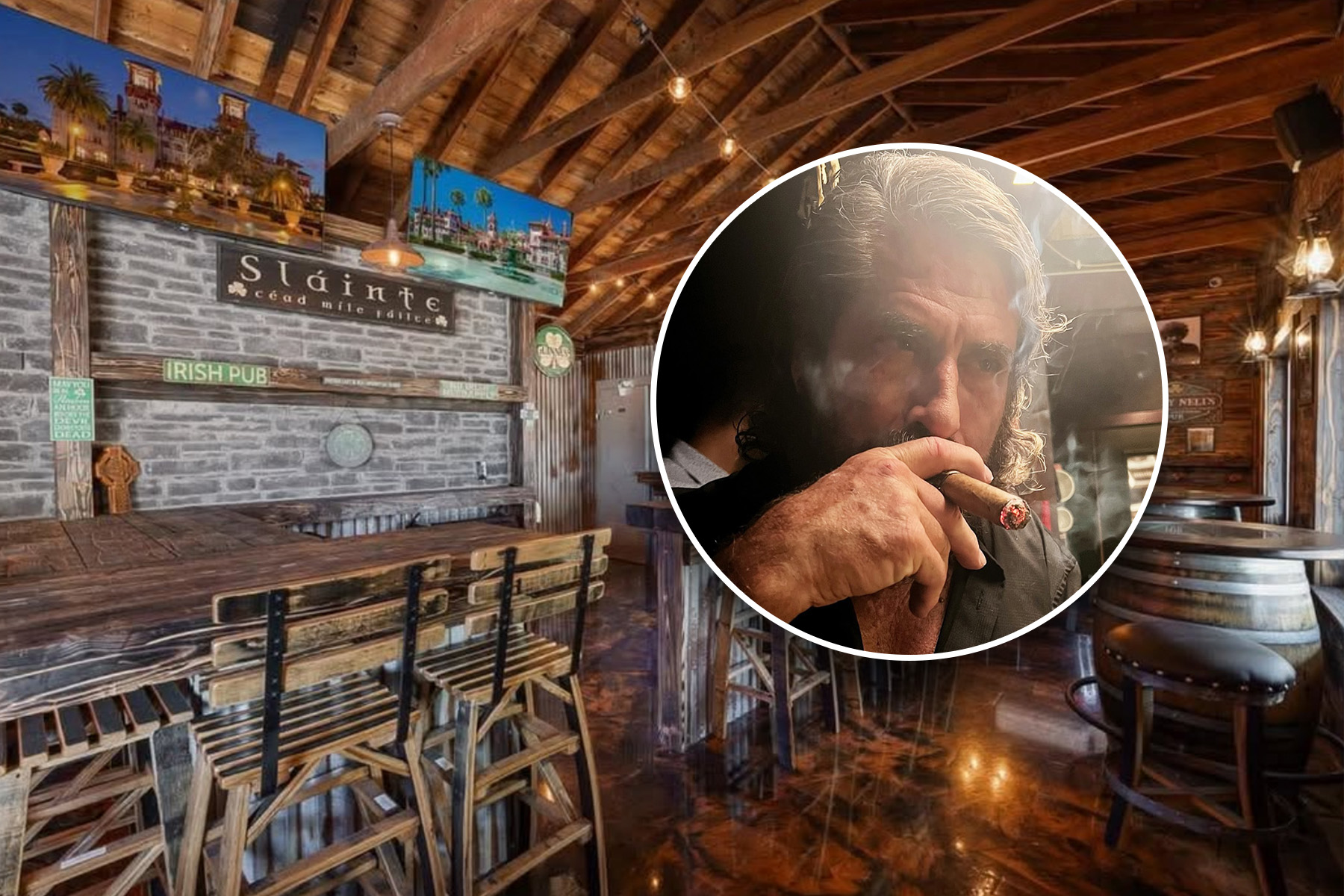 Interior of an Irish bar with bar owner.