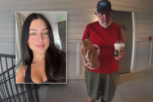 A young woman and an elderly Door Dash driver.