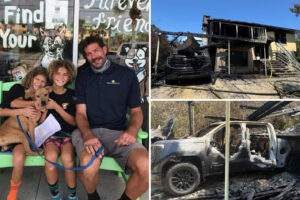 Dad and two sons next to burned home.
