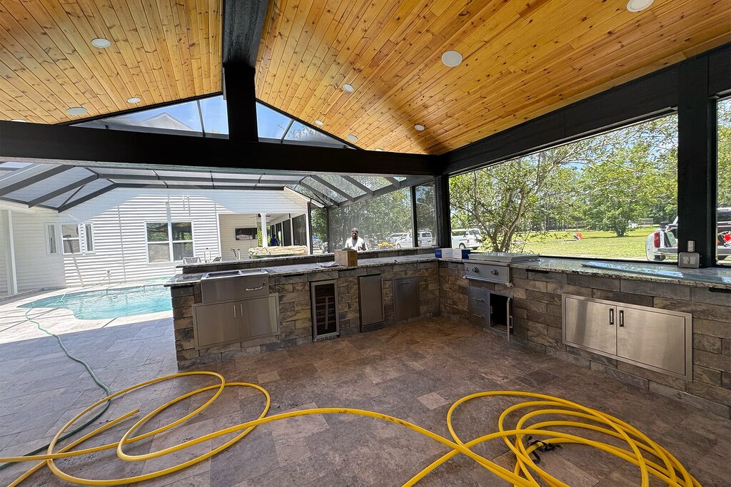 Outdoor kitchen with a cedar roof.