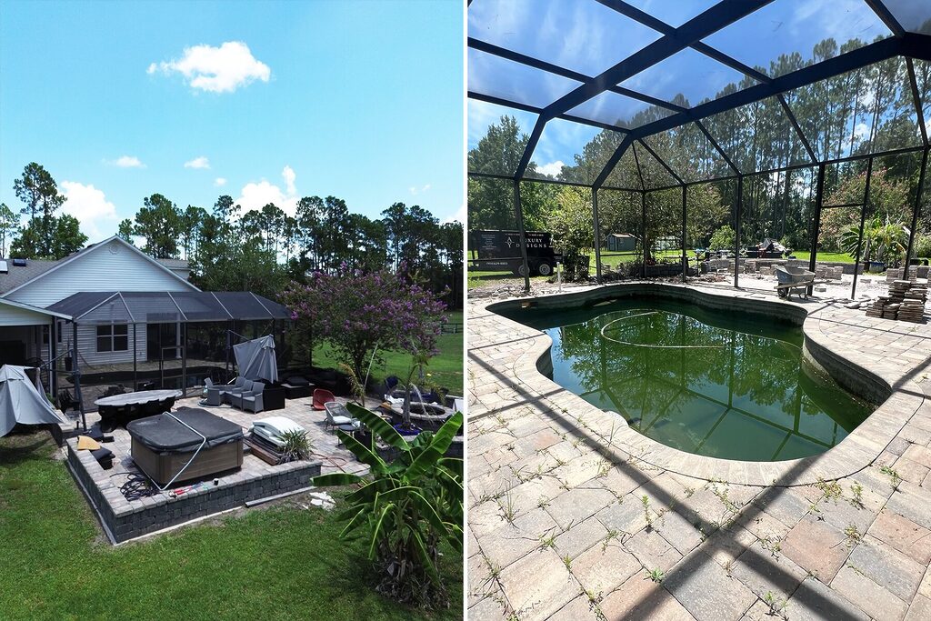 Green pool and mess outdoor area.