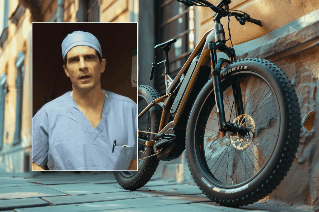 Doctor in blue scrubs inset over e-bike.