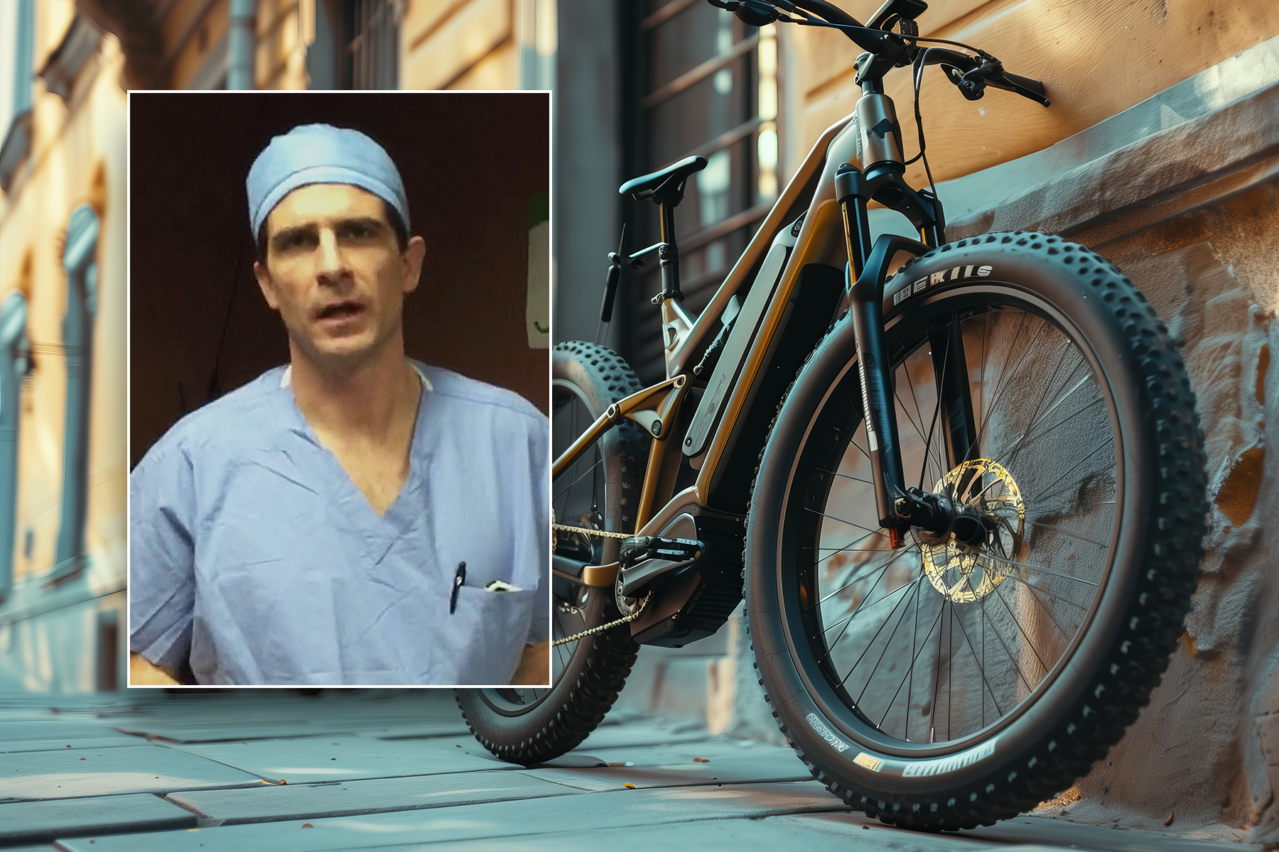 Doctor in blue scrubs inset over e-bike.