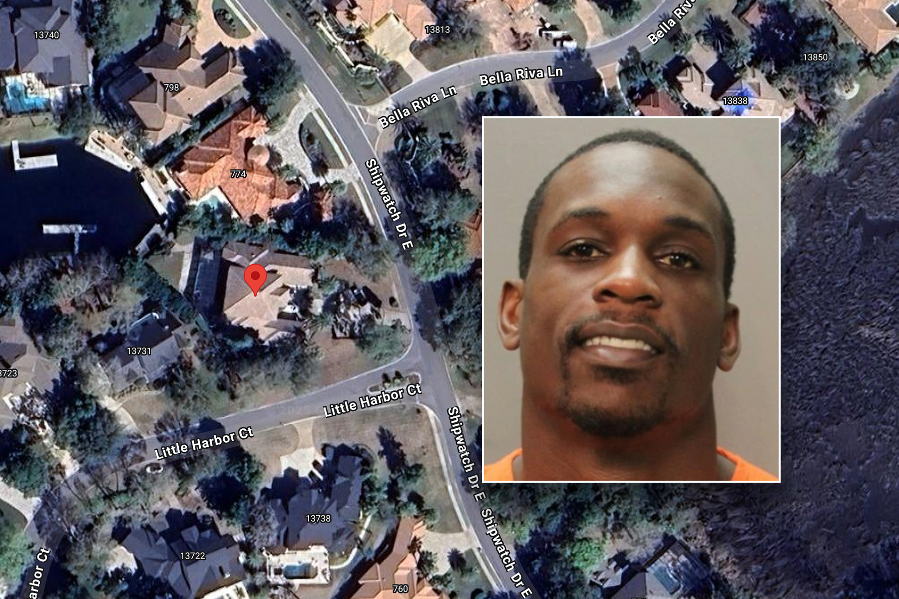 Inset of football player over aerial of his home