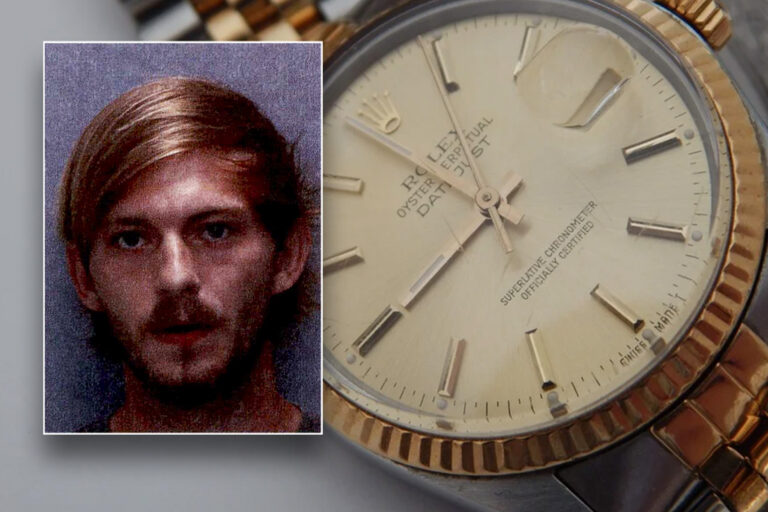 Man's mugshot inset on an image of a Rolex